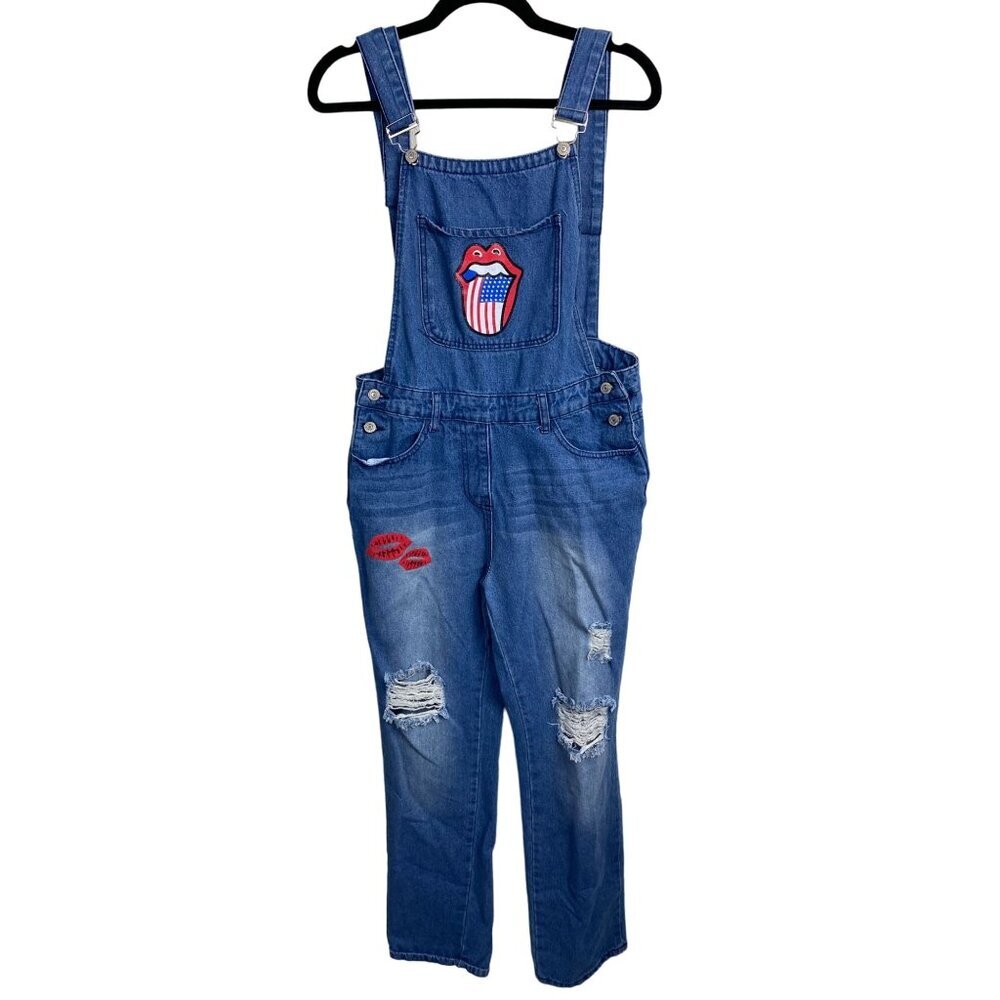 Misslook Blue denim Overall Jumpsuit Distressed Lips Women Medium Boho Artsy